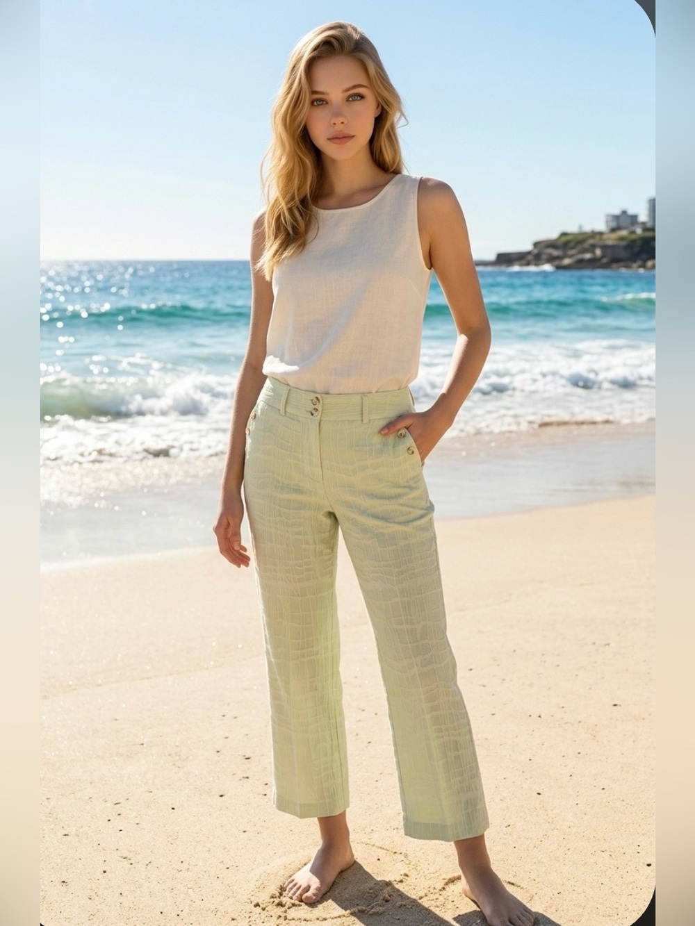 ETCETERA Cropped Pants 5 Pocket Stretch Textured Yellow